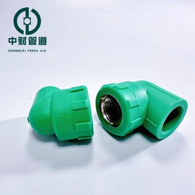 China Corrosion Resistant Zhongcai pipes PPR water supply pipe and fittings Frost resistant series Green  home decoration Female threaded elbow 90 degrees for sale