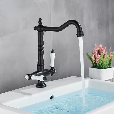 China Metered Faucets Dual Handle Matte Black Kitchen Sink Faucet Ceramic Vessel Sink Faucet Deck Mounted Brass Mixer Tap Rotate Spout for sale