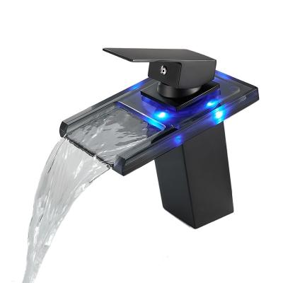 China Matte Black Glass Single Handle Waterfall/Faucet Single Hole Bathroom Sink LED Light Color Faucet Mixer Tap for sale