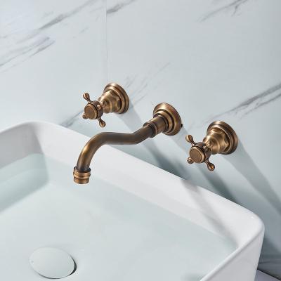 China Antique Faucets Hot And Cold Faucet Mixer 3 Hole Basin Faucet Black Brass Wall Mounted Double Metered Handle for sale