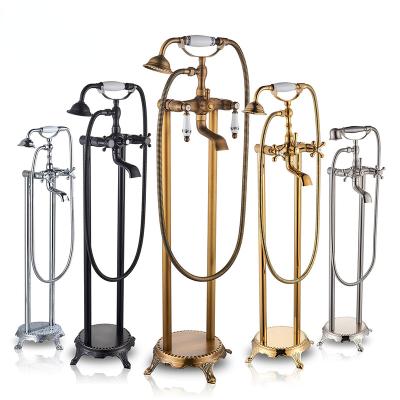 China Handleless Antique Brass Floor Mounted Shower Faucet Double Slide Bar Bathtub Shower Set Free Clawfoot Swivel Spout Bathtub Mixer Tap for sale