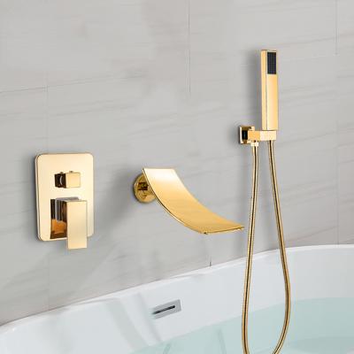 China Without Slide Bar Bathtub Faucet Gold Wall Mounted Waterfall Bath Shower Set Single Handle Concealed Bathroom Shower Faucet Wall Tub Mixers for sale