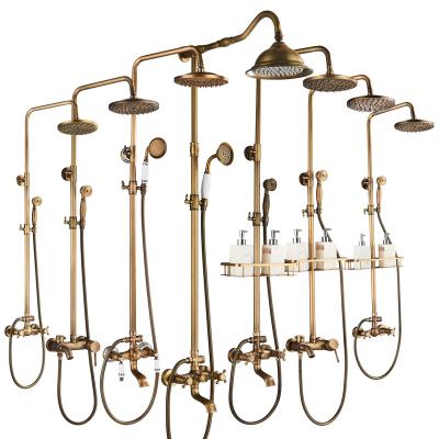 China With Antique Brass Shower Set Wall Mounted Bathroom Shower Faucet Mixer Tap Lift Slide Bar Shower System for sale