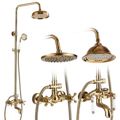 China With Gold Slide Bar Shower Set Wall Mounted Bathroom Shower Faucet Mixer Tap Slide Bar Brass Rotary Rain Shower System for sale