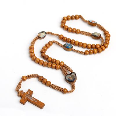 China Wholesale Handmade Wooden Cross Necklace High Quality Catholic Rosary Necklace With Jesus Imprint Cross for sale