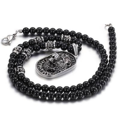 China Popular Handmade Lion Pendant Stainless Steel Mens Punk Necklace Personalized Long Beaded Necklace for sale