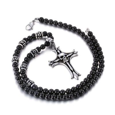 China Popular Mens Jewelry Beads Handmade Skull Head Charm Stainless Steel Punk Necklace for sale