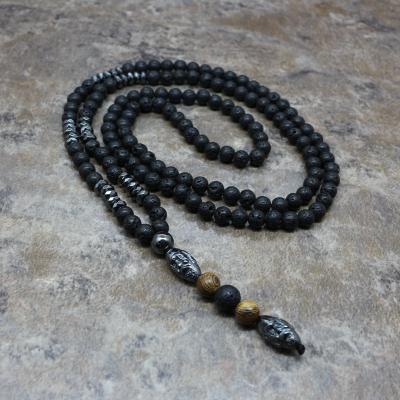 China New Fashion Popular Men's 6MM Lava Rock Buddha Long Necklace Hematite Prayer Beads Necklace for sale