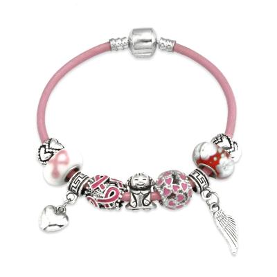 China Custom Vintage Public Welfare Strand Enamel Ribbon Breast Cancer Awareness Pink Leather Bracelet with Heart Angel Pendant Charms for sale