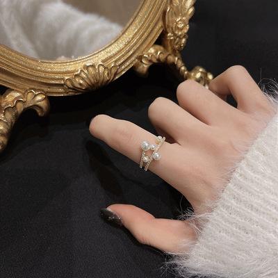 China Trendy Fashion Environmental Friendly Ring Jewelry Gold Plated Handmade Crystal Pearl Opening Finger Ring for Women Girls for sale