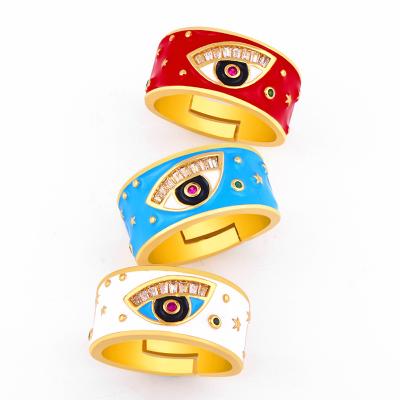 China High Quality Non-fading Ring Evil Eye Zircon Crystal Width Ring Jewelry Drop Oil Copper Women's Ring for sale