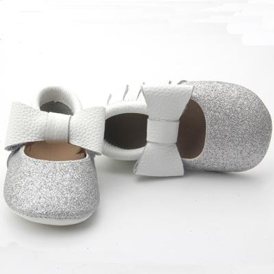 China GENUINE LEATHER cute bow baby shoes wholesale kids glitter ribbon baby shoes for moccasins baby shoes for sale