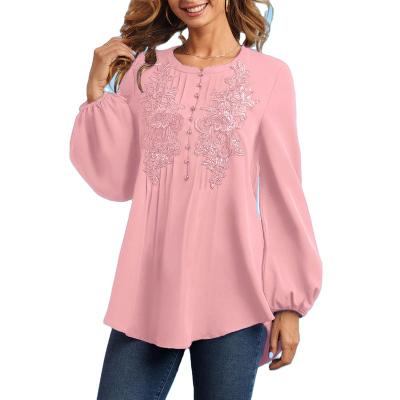 China Blue Pink Women's Long Sleeve Elegant Women's Blouses And Shirts Office Ready Made Chiffon Anti-pilling Long Sleeve Blouse And Tops for sale