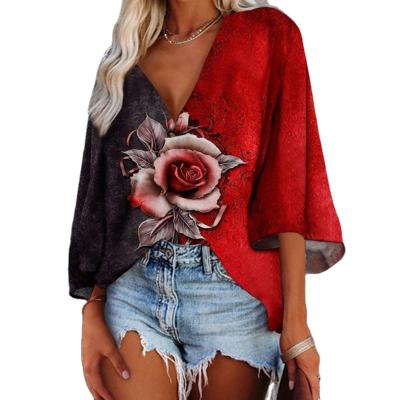 China 5xl Anti-Shrink Plus Size T-Shirt Autumn Summer Casual Loose Plus Size 3/4 Sleeve Floral Print V-neck T-shirt Women Fashion Cute Clothes for sale