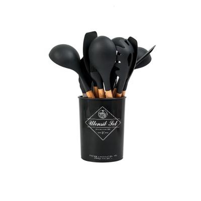 China Sustainable Modern Fashion Yangjiang Household Kids Silicone Black Wooden Kitchen Utensils Set for sale