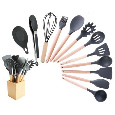 China Modern Luxury 10pcs Disposable Multi Function Non Stick Wooden Safety Kitchen Tools with Silicone Head and Wooden Handle for sale