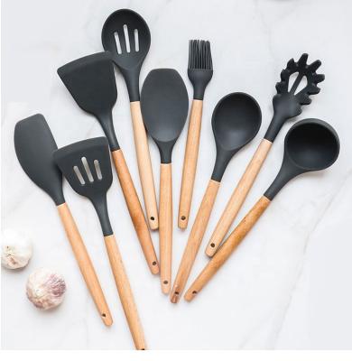 China Green11 Simple Viable Safe Black Pink Patches Natural Wood Handles Cooking Silicone Spoon Kitchen Tool Kit for sale