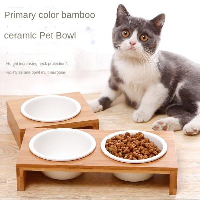 China Viable New Small Cat Bowl Food And Water Utensils For Cats Kittens Use Natural Color Bamboo And Wooden Frame Pet Ceramic Bowls for sale