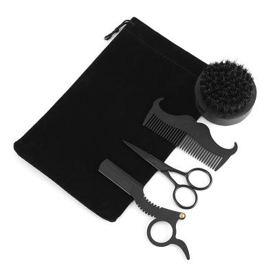 China Salon Professional Men's Black Beard Grooming Kit with Hair Brush Metal Comb Haircut Razor Beard Trimming Brush and Scissors Beard Comb for sale