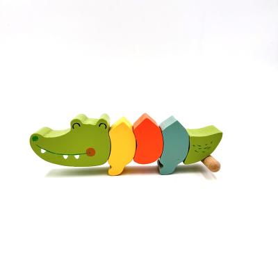 China Early Educational Cartoon Crocodile Montessori Pull String Animal Wooden Toy For Babies for sale