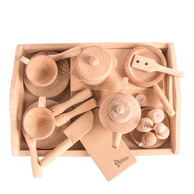 China Pretend Toys Factory Direct Wholesale Kids Kitchen Set Toy Wooden Pretend Play Natural Wooden Tableware Set Toys Wooden Western Tableware for sale