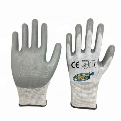 China Lyeeang Safety Breathable High Protect Outdoor Work Gauge En388 Polyester Anti Full Body 13 Coating Sandy Finish Nitrile Coated Gloves for sale