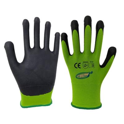 China Lyeeang Industrial Safety Logo 13 Gauge Liner En388 Comfortable Custom Nylon Green Oil Repellent Anti-Slip Nitrile Coated Work Glovesfor for sale