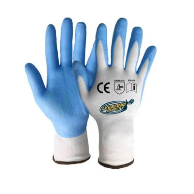 China Lyeeang Industrial Safety Logo 13 Gauge En388 Coating En388 Comfortable Custom Nylon White Oil Repellent Nitrile Coated Work Glovesfor for sale