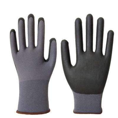 China Lyeeang Safety High Performance 13 Gauge Comfortable Nylon Black Coating Anti Slip Glove En388 Sandy Finish Nitrile Coated Gloves For Work for sale