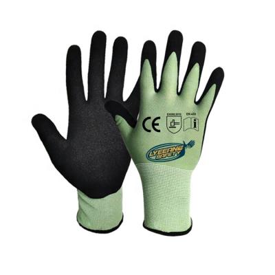 China Lyeeang Safety Logo Anti Slip 13 Gauge Comfortable Custom Nylon Glove En388 Abrasion Resistant Nitrile Coated Dipped Gloves For Garden for sale