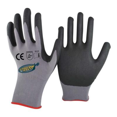 China Lyeeang Safety OEM 13 Gauge Hppe Comfortable ANSI Cut A5 Dipped Glove CE En388 Sandy Cut Resistant Nitrile Coated Gloves For Automotive for sale