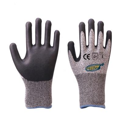 China Lyeeang Comfortable Safety Printing Logo Industrial Protective Glovece En 388 ANSI Cut A5 13G Hppe Liner Nitrile Coated Work Gloves For Men for sale