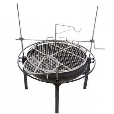 China Adjustable Height Latest Design Powder Coated Multifunctional Rotary Wood Burning Outdoor Garden Fire Pits Camping Rotisserie Grill for sale