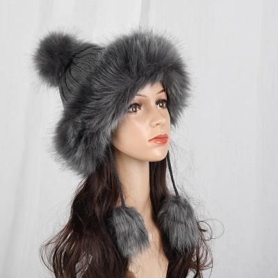 China COMMON Imitation Faux Fur Hat Fox Fur Ball Cap For Ladies Thickened Warm Knitting Wool Hat M0143 for sale