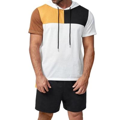 China Custom Breathable Casual Color Block Men's T-shirt Splicing Shorts Set High Quality Cotton Spliced ​​Hooded T-shirts Tracksuit For Men for sale