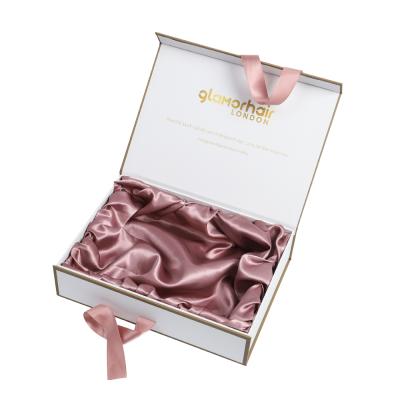 China OME Handmade Luxury Custom Satin Lined Cardboard Gift Boxes For Hair Extension Packaging With Ribbon for sale