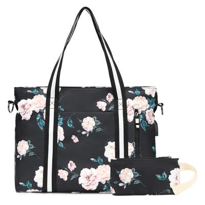 China Casual Laptop Business Women Handbag Water Resistant Shoulder Bag Flower Printing Travel Tote Bag with USB Charging Port for sale