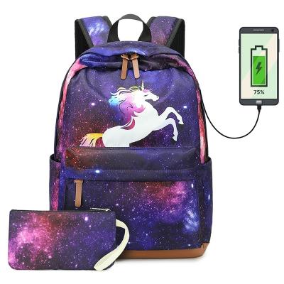 China Waterproof 2 in 1 Pencil Bag School Backpack Sets Girls Teen Galaxy Unicorn Backpack with USB Charging Port for sale