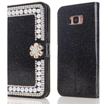 China Book style shinny stand bling diamond leather wallet phone case for samsung s8 s8 plus for sale