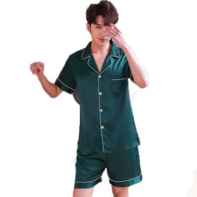 China Summer QUICK DRY silk men's pajamas shorts sleeved thin silk two-piece Korean version of spring home ice pants men's wear for sale