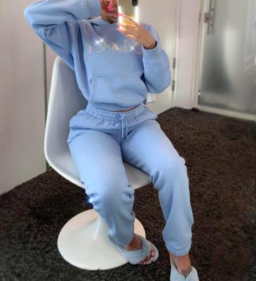 China 2020 Breathable Hot Sale Custom Design Logo Tracksuits Diamond Track Pants Tracksuits And Hoodies For Women Tracksuit Set Rhinestone Sweatsuit for sale