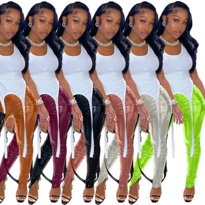 China Anti-wrinkle women fall clothing womens pants high waisted leggings PU leather pants with slit for sale