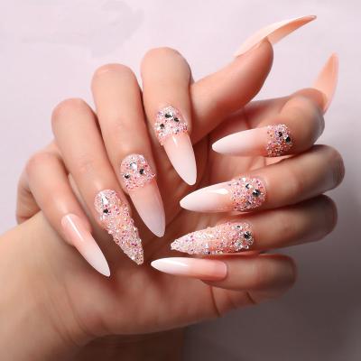 China Easy Wear Gradient Sharp Nude Nail Crystal Beads 3D Nail Wearable Removable Artificial Nails for sale