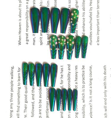 China 24Pcs Fashion Fake Coffin Nails Art Nail Stickers Rhinestone Green Press On Nail Waterproof Removable Artificial Nails for sale