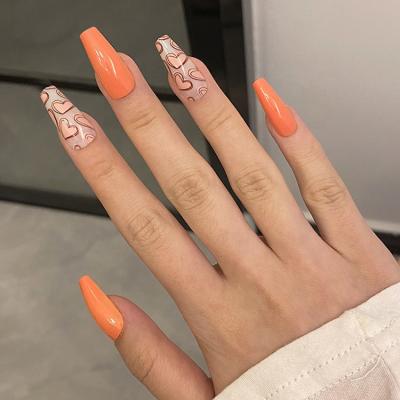 China Fashion Red Orange Love Heart Coffin Nail Ballet Red Long Press On Nails Detachable Art Artificial Fingernails Fake Nails for sale