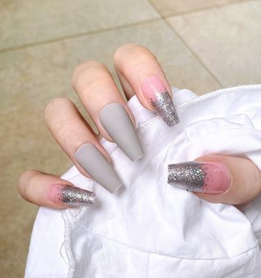 China Fashion Long Ballet Fake Nails Art Detachable Artificial Nails Silver Powder Nail Stickers Matte Gray Pink Press On Nails for sale