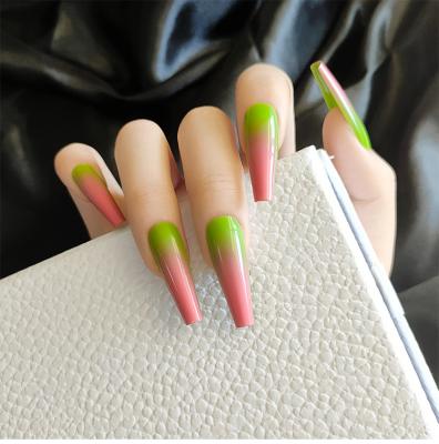 China Fashion Long Ballet False Nails Art Coffin Nail Stickers Pink Green Gradient Press On Nails Detachable Artificial Nails for sale