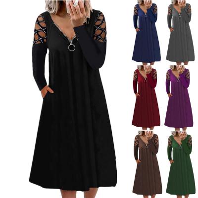 China 2022 New Viable Large Women's Solid Color Cavity Long Sleeve V-neck Drill Hot Casual Dress for sale