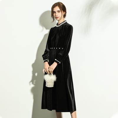 China 2022 viable the new French gold velvet dress large size heavy industry was thin and high-end black dress for sale