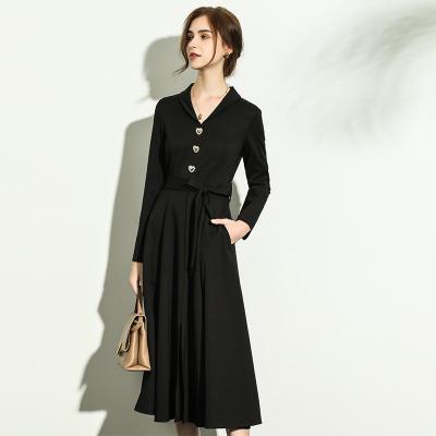 China Viable Dress 2022 Large Size Retro V-Neck Sweet Wind Lace Up Long Slim Black Dress for sale